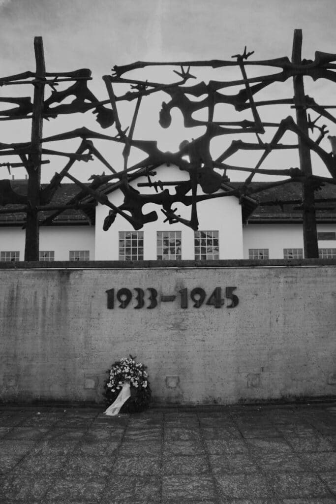 Sculptural memorial at Dachau Concentration Camp, honoring victims from 1933 to 1945.